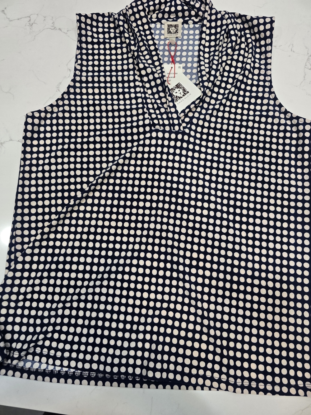 Anne Klein Navy & White Polka Dot Sleeveless V-Neck Blouse